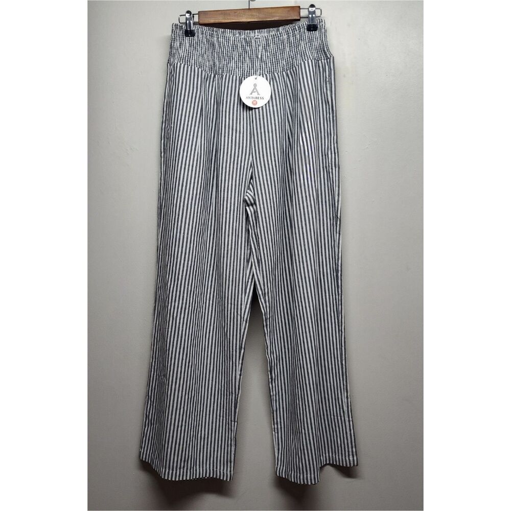Anrabess Pants Women M White Blue Stripes Wide Leg Resortwear Coastal Vacation